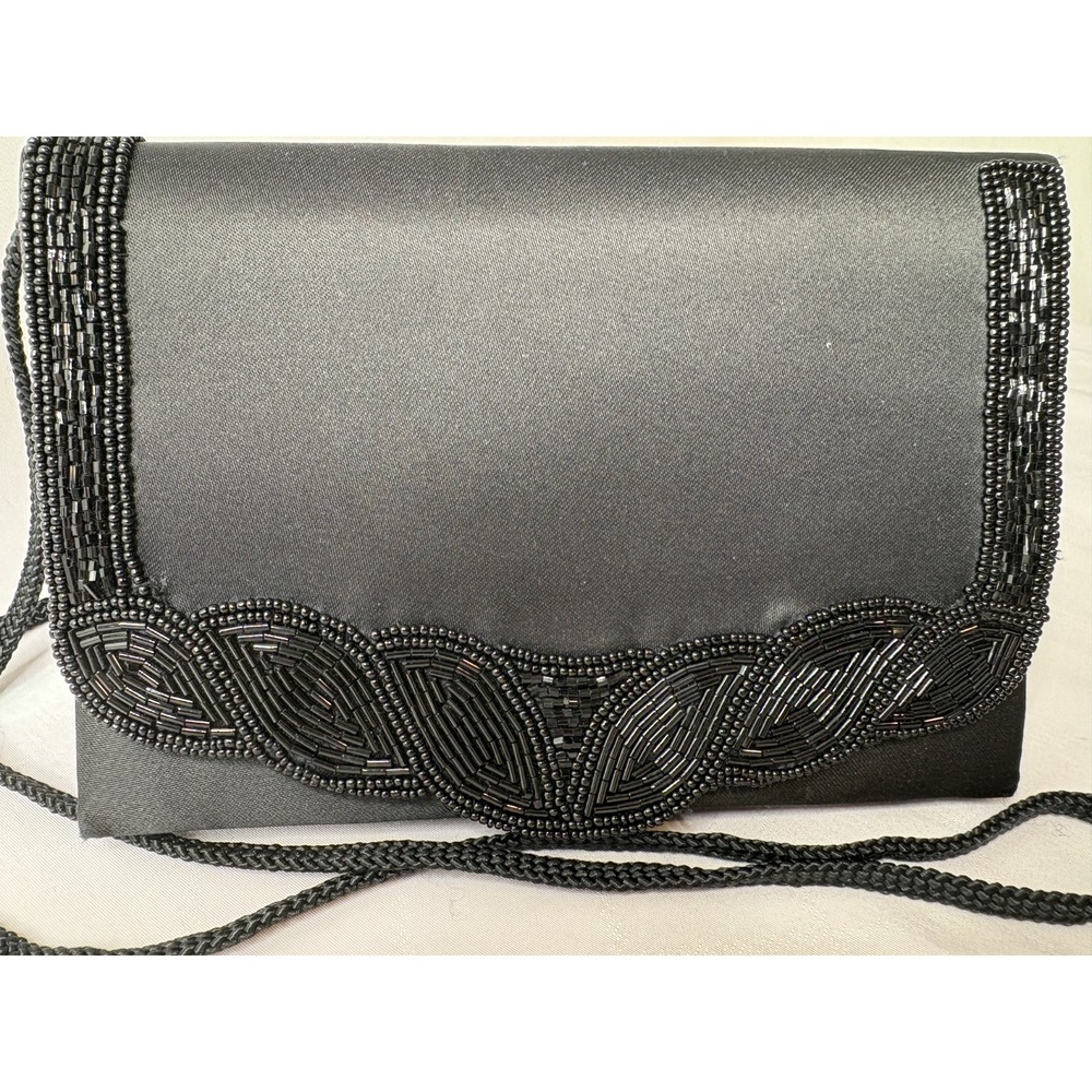 Vintage‎ La Regale Ltd. Hand-Beaded Black Satin Evening Clutch